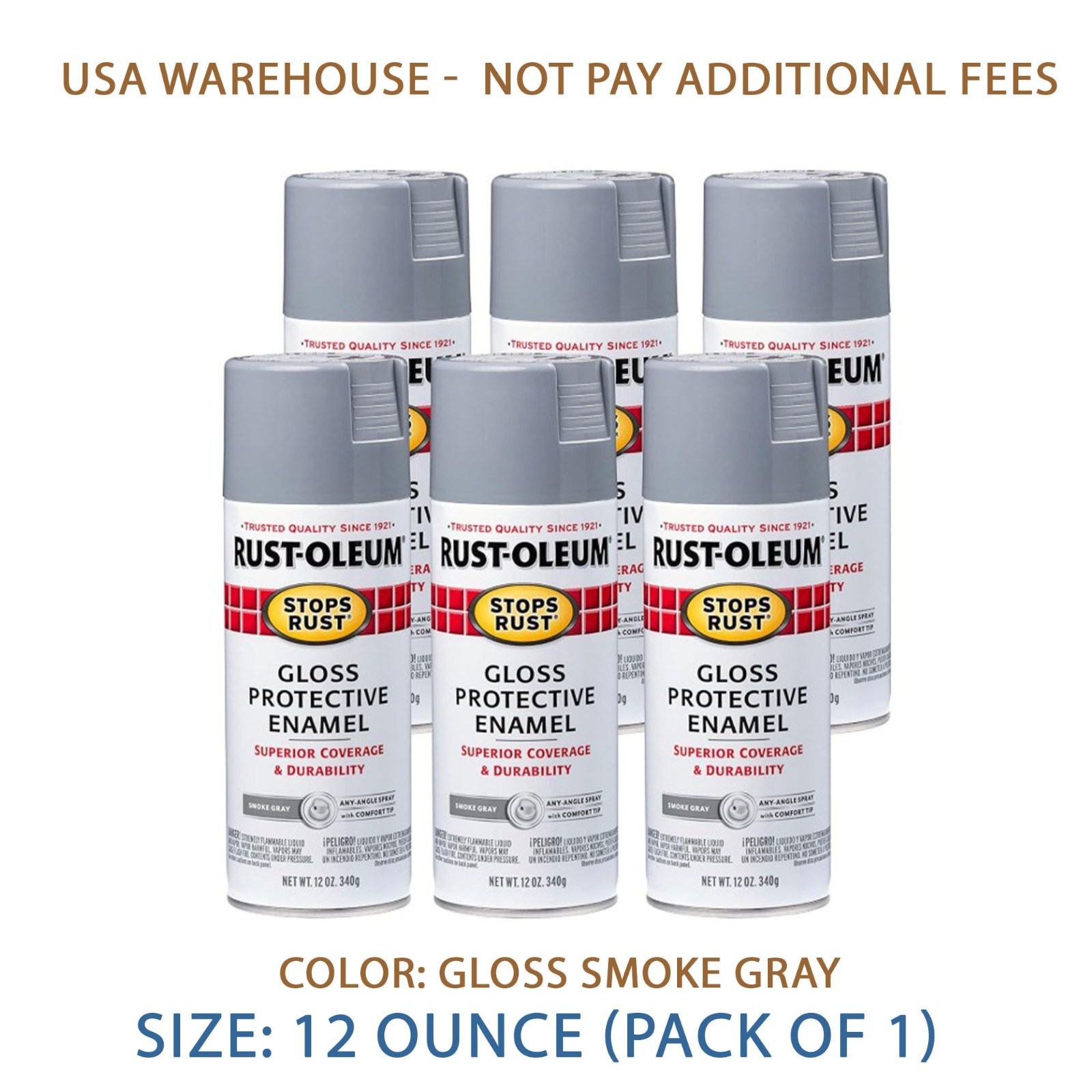 Rust-Oleum 7786830-6PK Stops Rust Spray Paint, 12 oz, Gloss Smoke Gray, 6 Pack