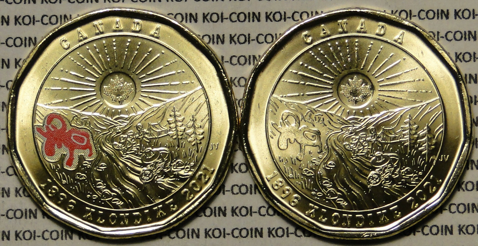 BU 2x Canada 1896-2021 Klondike Gold Rush coloured & plain $1 dollar loonie coin