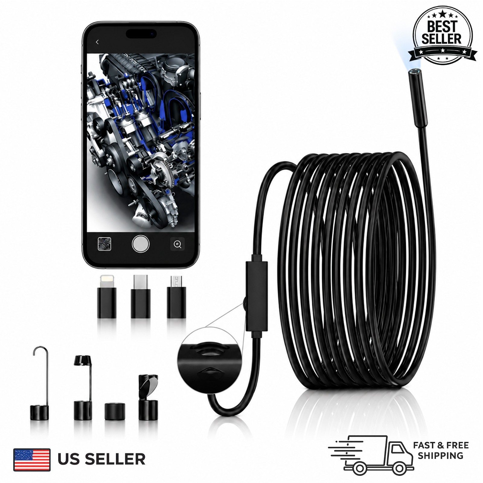 Endoscope Borescope 8mm 1920P HD Inspection Snake Camera for iPhone Android iOS
