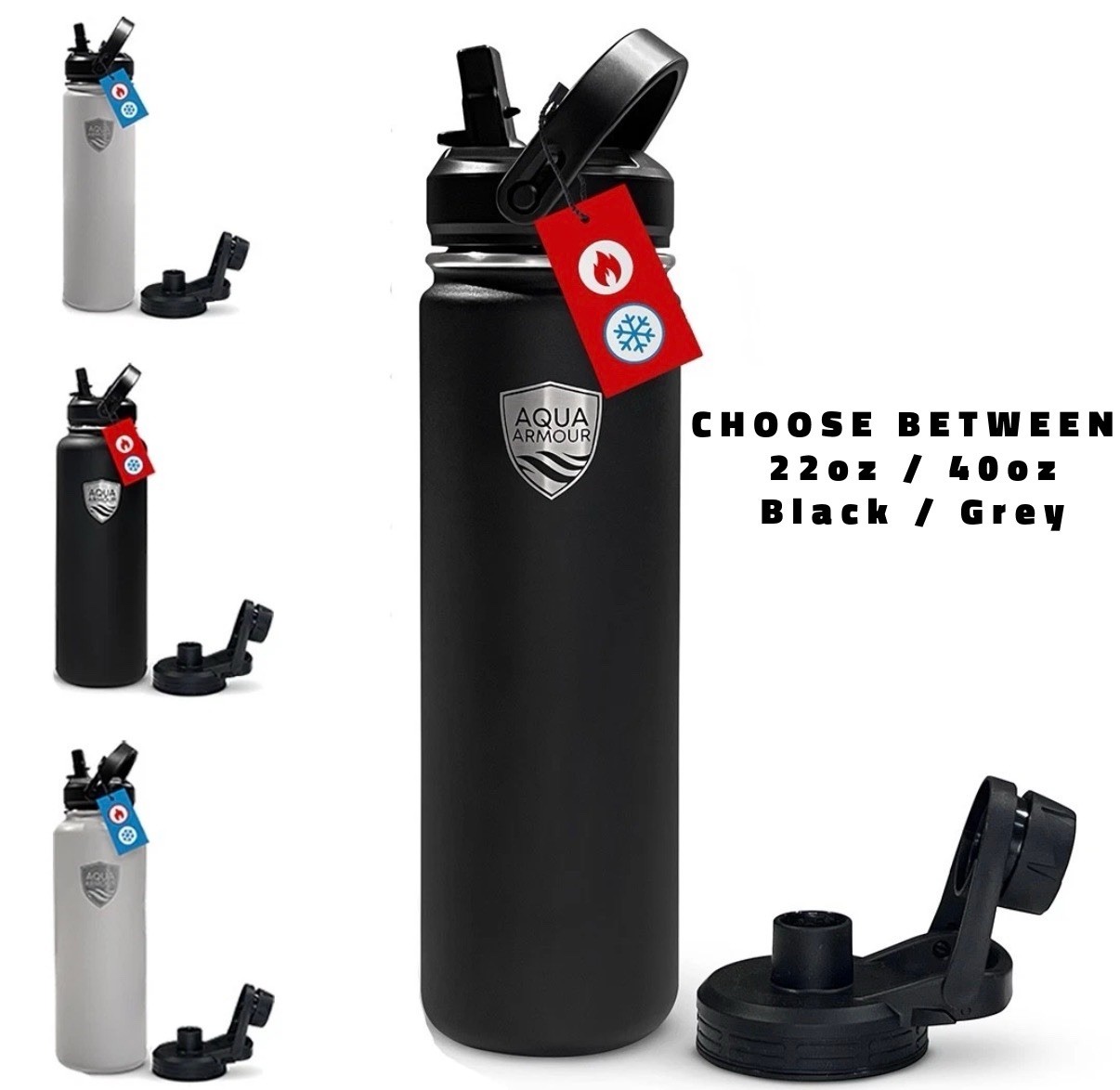 Insulated Stainless Steel Water Bottle Double Wall Leakproof Hot Cold W/ 2 Lids