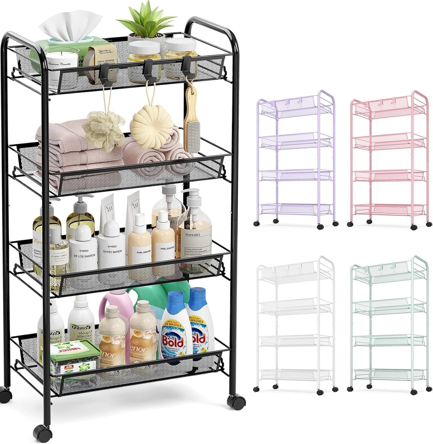 Compact 4-Tier Metal Utility Cart with 3 Hooks – Effortless Assembly & Mobility