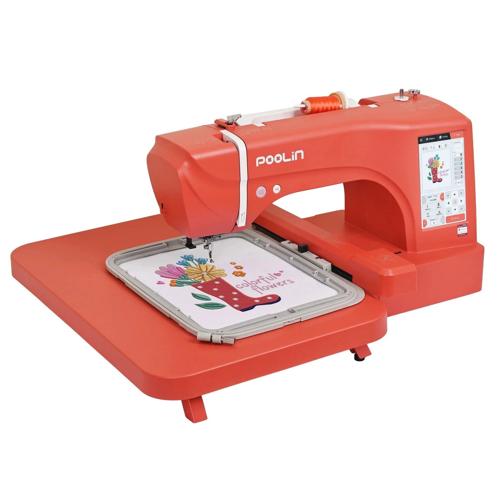 POOLIN EOC06 7.9in x 11in Embroidery Machine & 166 Thread Spool Bundle - Red