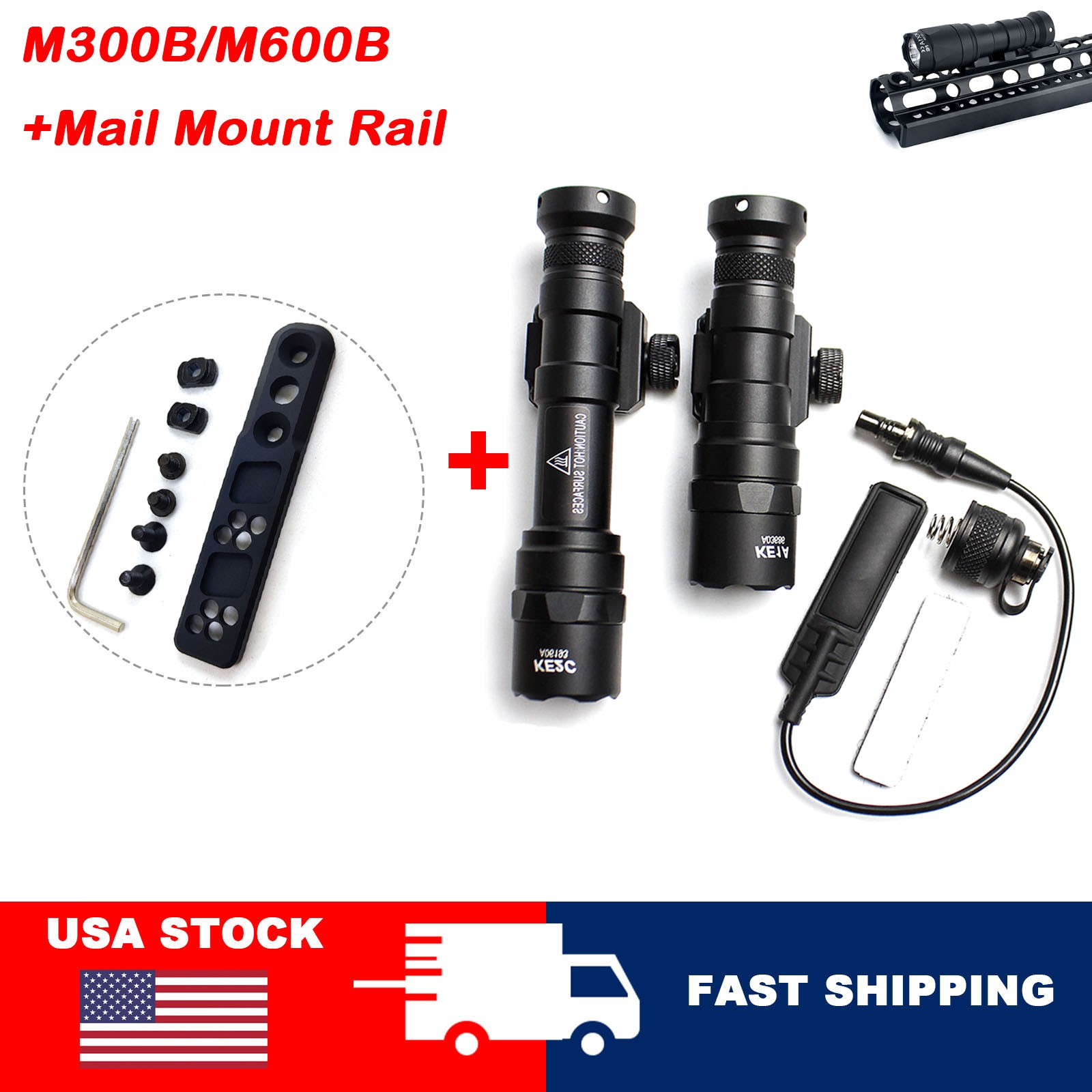 Tactical M300B M600B Light Picatinny Flashlight + MLOK Rail Inline Light Mount
