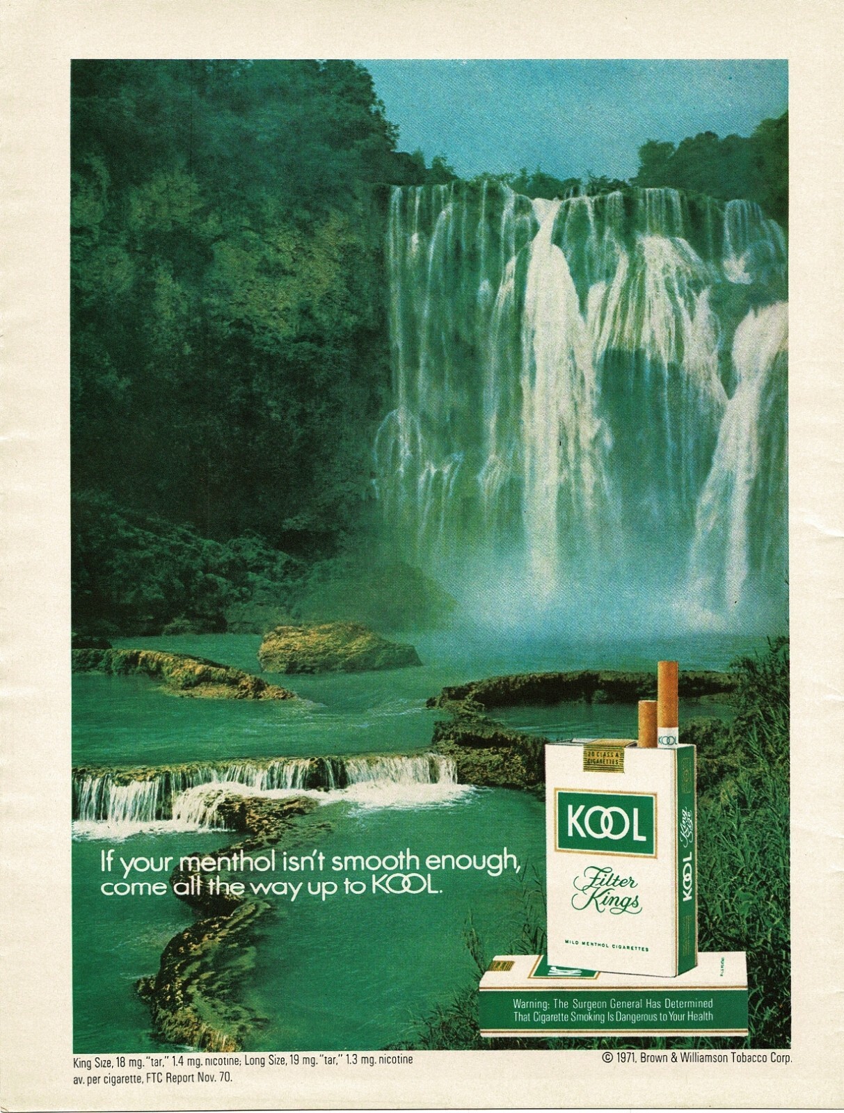 1971 KOOL Cigarettes waterfall landscape Vintage Print Ad