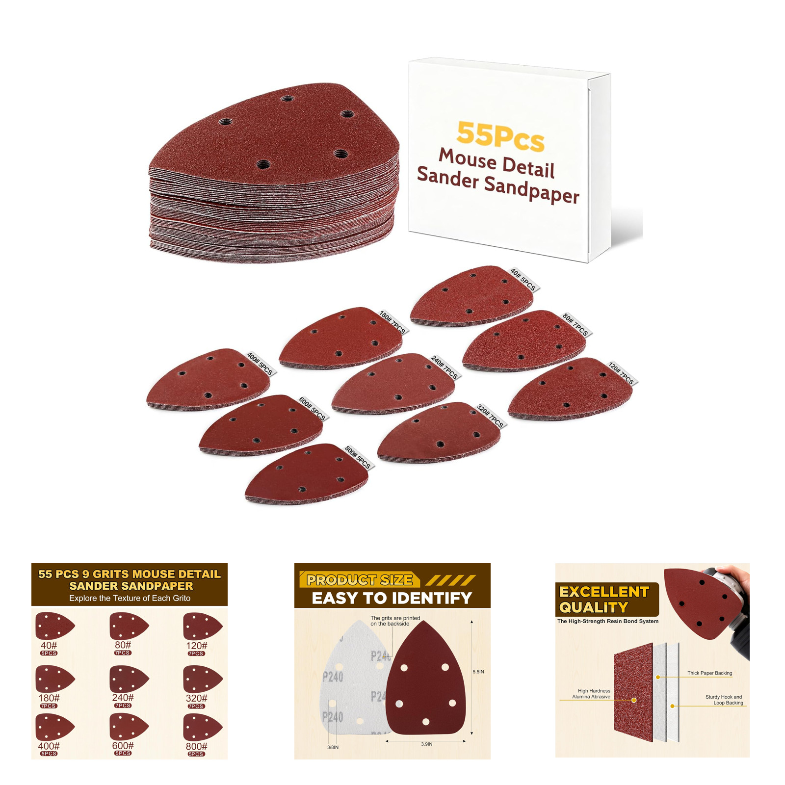 Mouse Detail Sander Sandpaper 55pcs Grits 40-800 Replacement Pads for Polishing