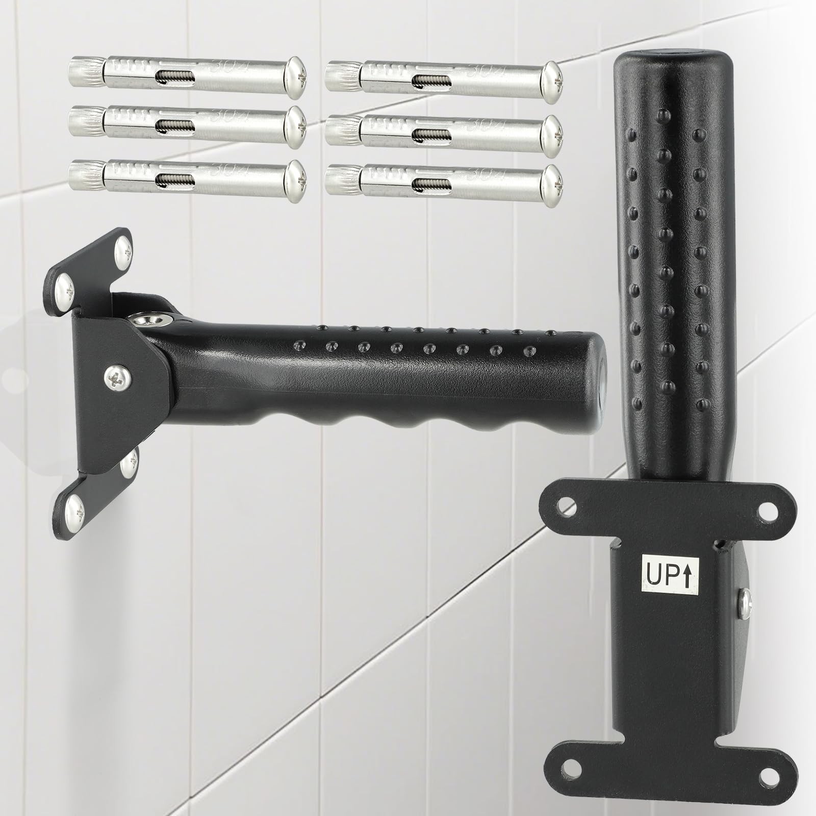 Flip-Up Grab Bar Wall Mount Black Assist Handle for Bathroom Shower Stairs