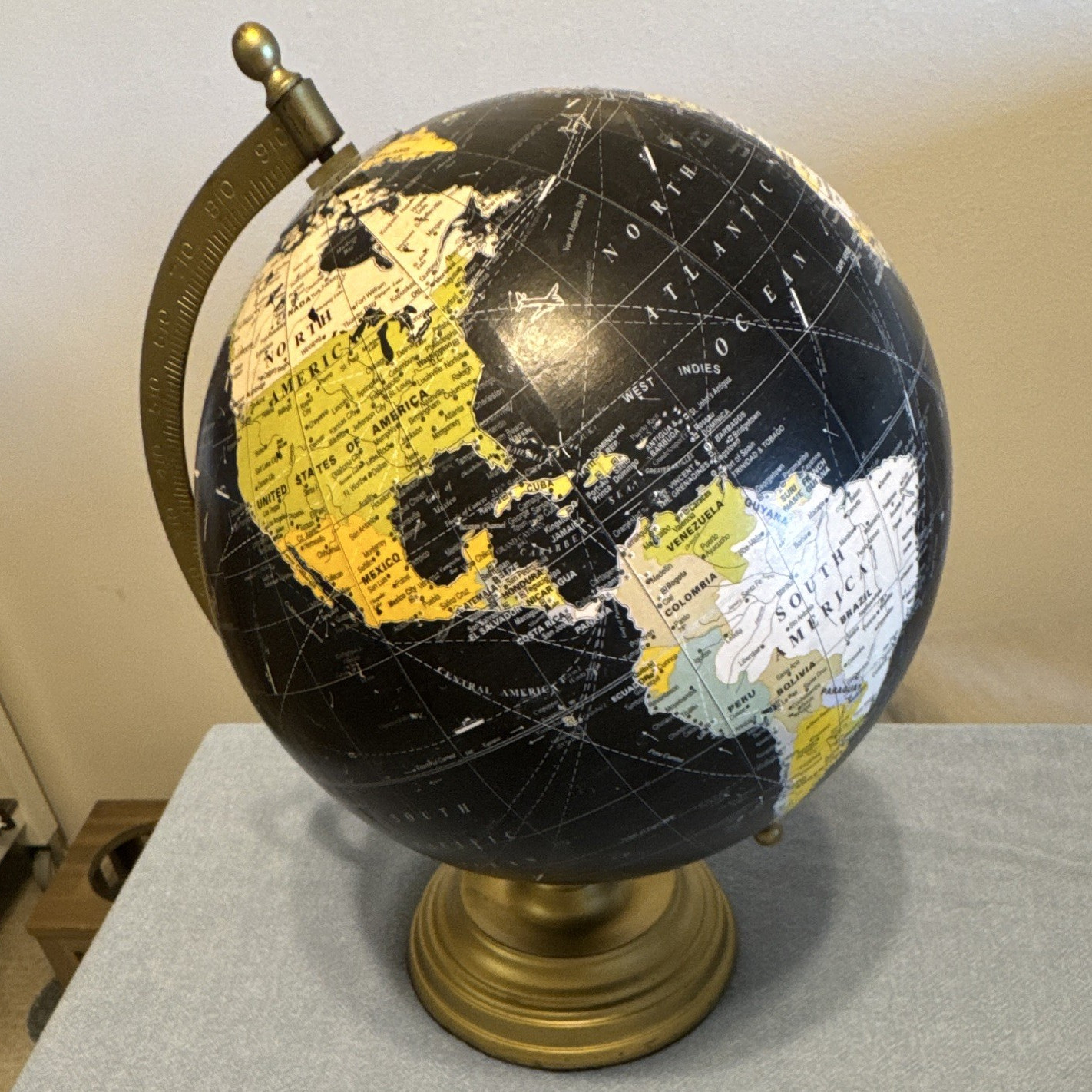 Decorative Black Map Tabletop World Globe Rotating Gold Finish Metal Base