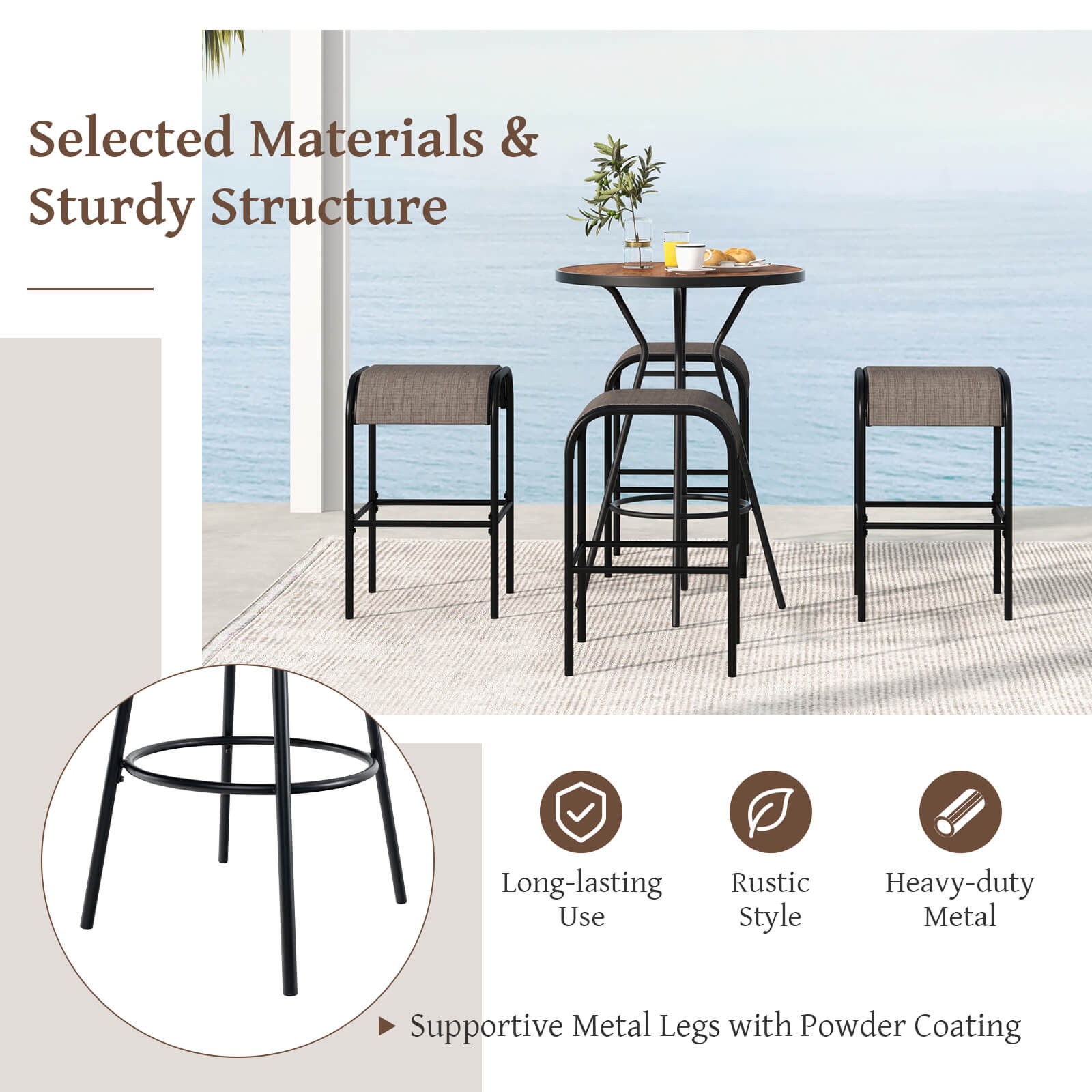 Patio 5 PCS Bistro Set Round Table w/ 1.6" Umbrella Hole & 4 Stools Metal Frame
