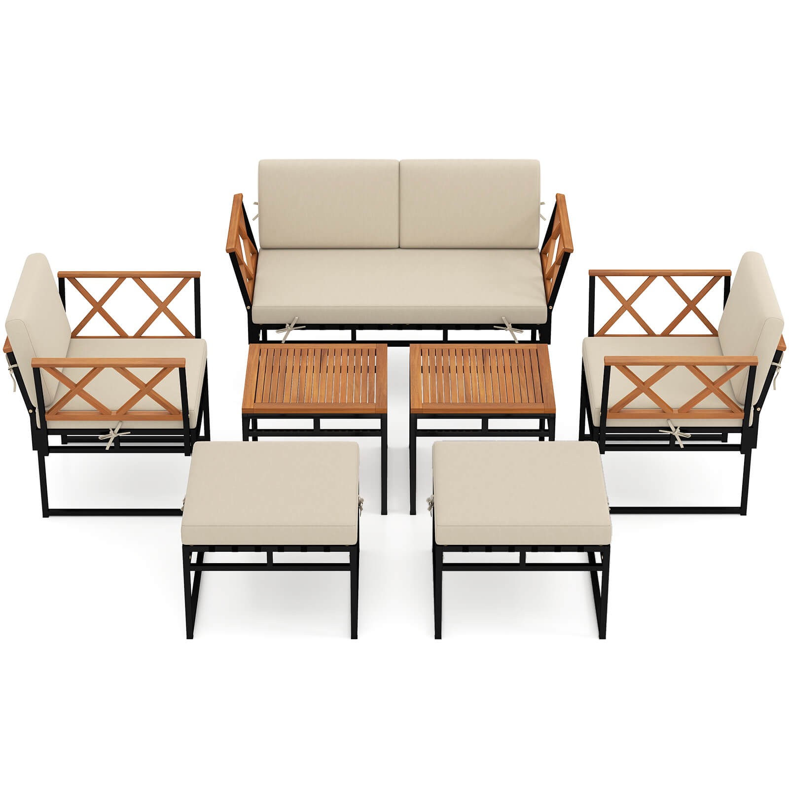 7 PCS Outdoor Conversation Set Acacia Wood Chairs & Coffee Tables Set w/Ottomans