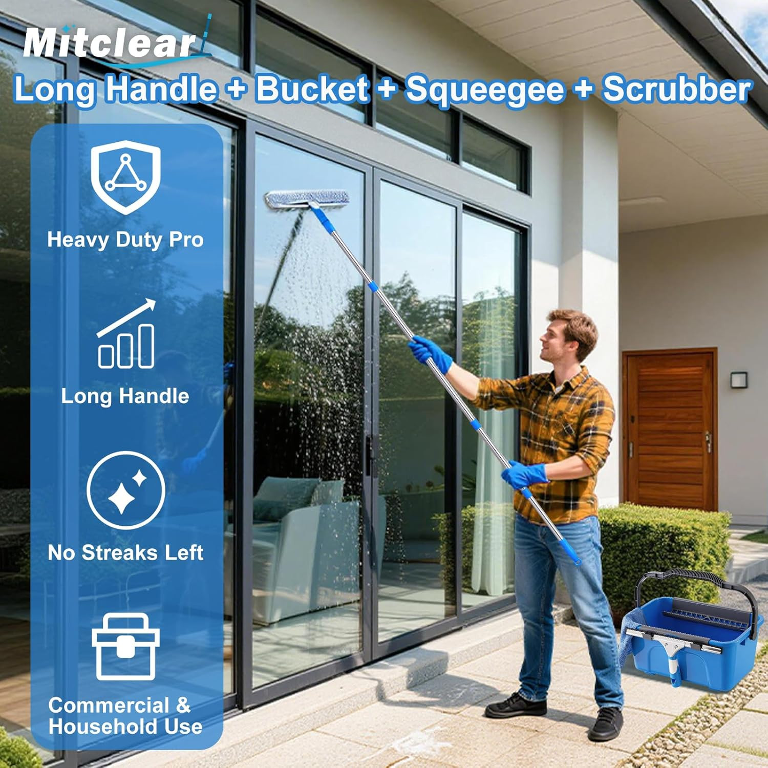 Professional Window Cleaning Kit with Bucket 3 Gallon, 14" Window Squeegee Micro