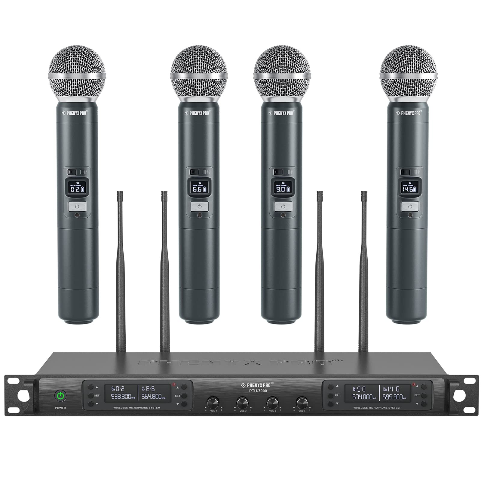 Phenyx Pro Wireless Microphone System, Quad Channel PTU-7000-4H, Black