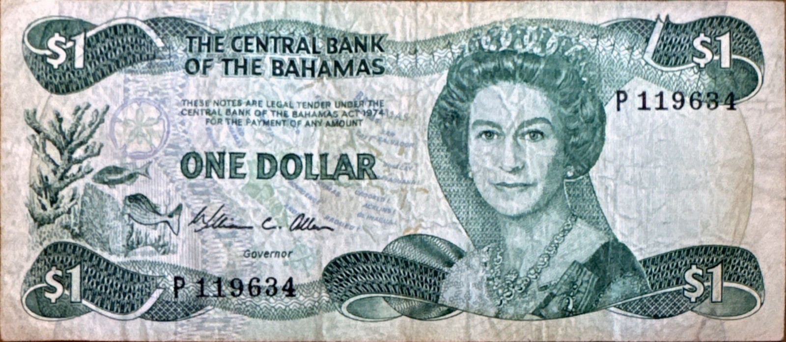 Bahamian One Dollar Banknote 1974 Very Good