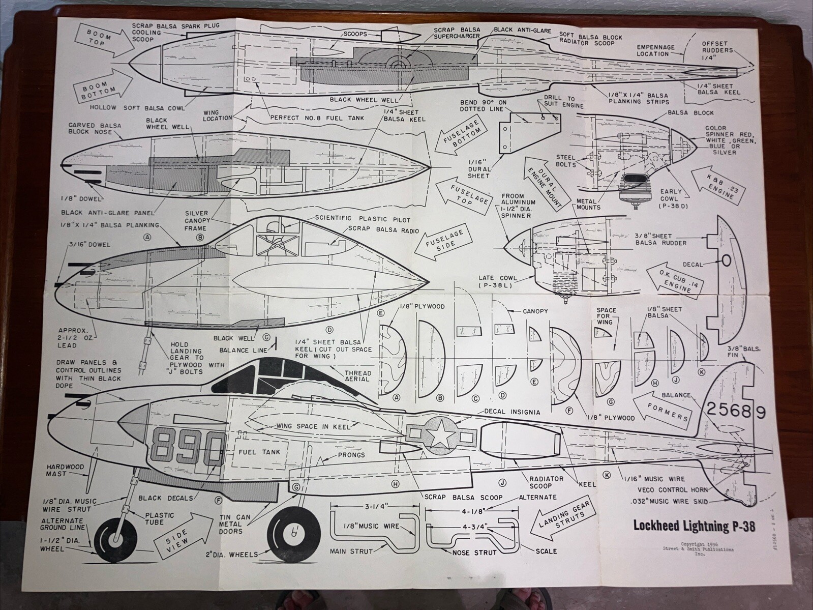 Hobby Helpers Plan 1256B - Lockheed Lightning P-38 - Copyright 1956