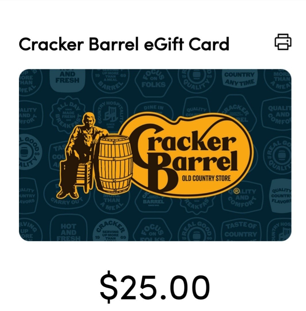 Cracker Barrel 25 Dollar Egift Card New