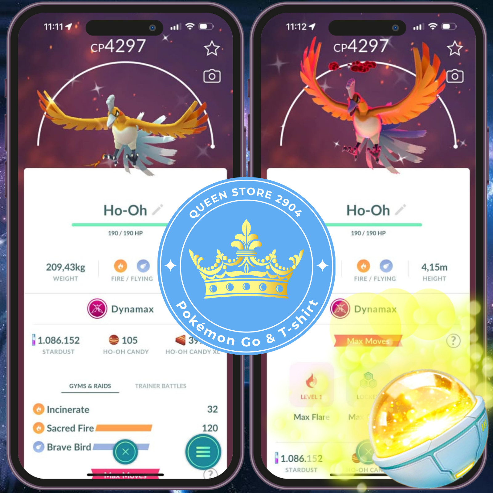 PTCentraI —TRADE— Shiny Dynamax Ho-Oh — Level 50—3 Moveset Sacred Fire —Digital