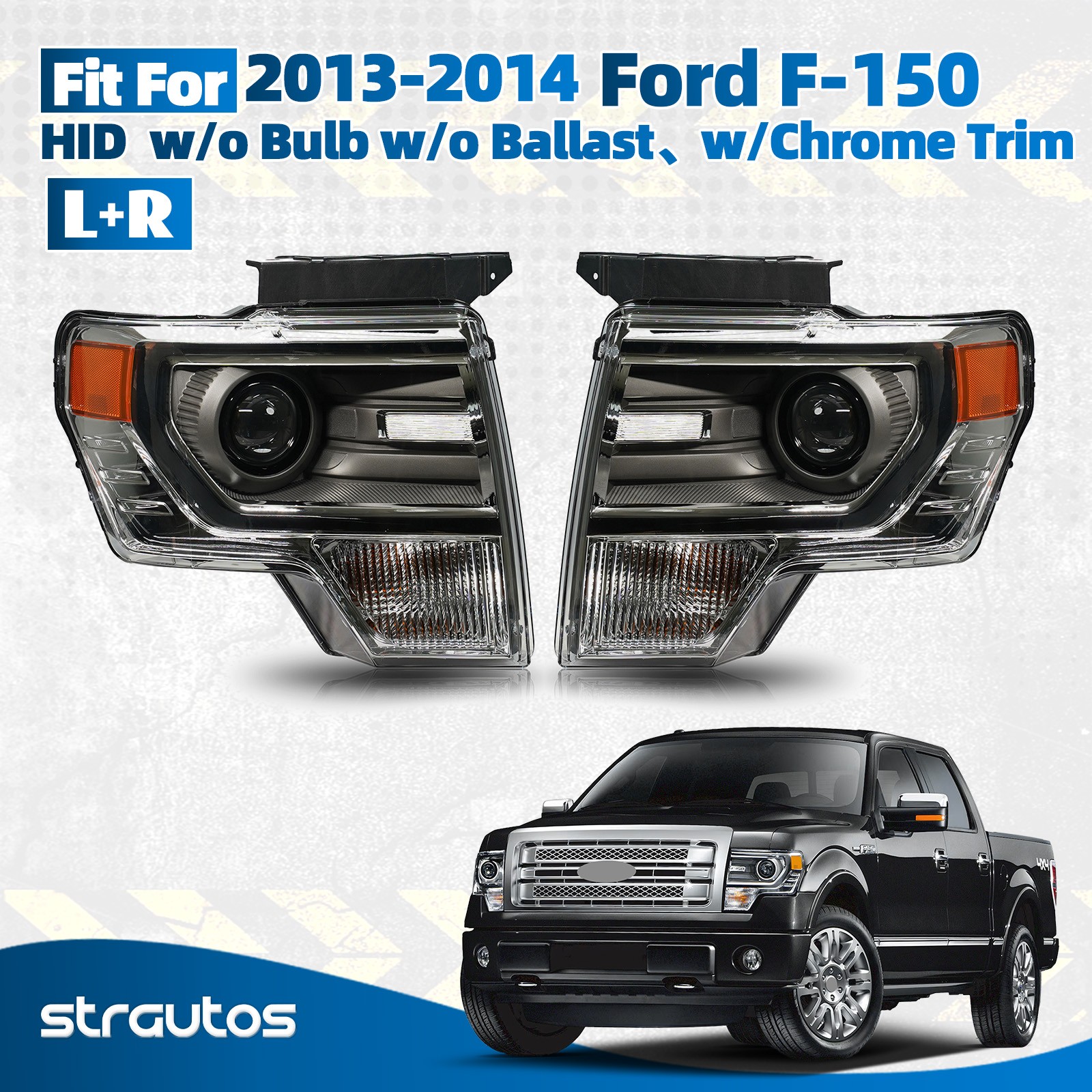 For 2013-2014 Ford F-150 HID/Xenon Chrome Projector Headlight Left+Right Pair