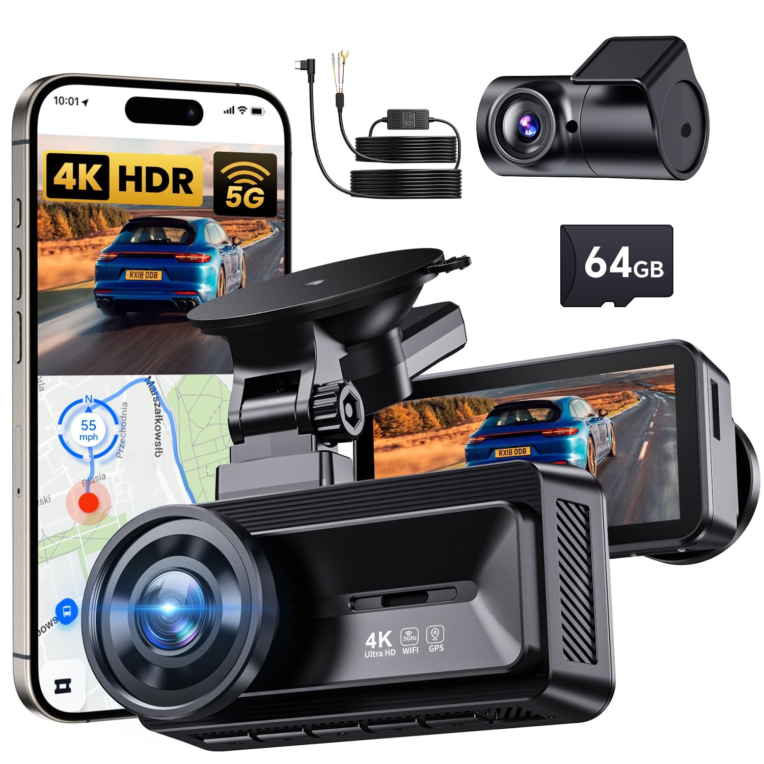 Dash Cam Front Rear - 4K STARVIS Sensor Dashcam,Free 64GB Card, Built-in 5G W...