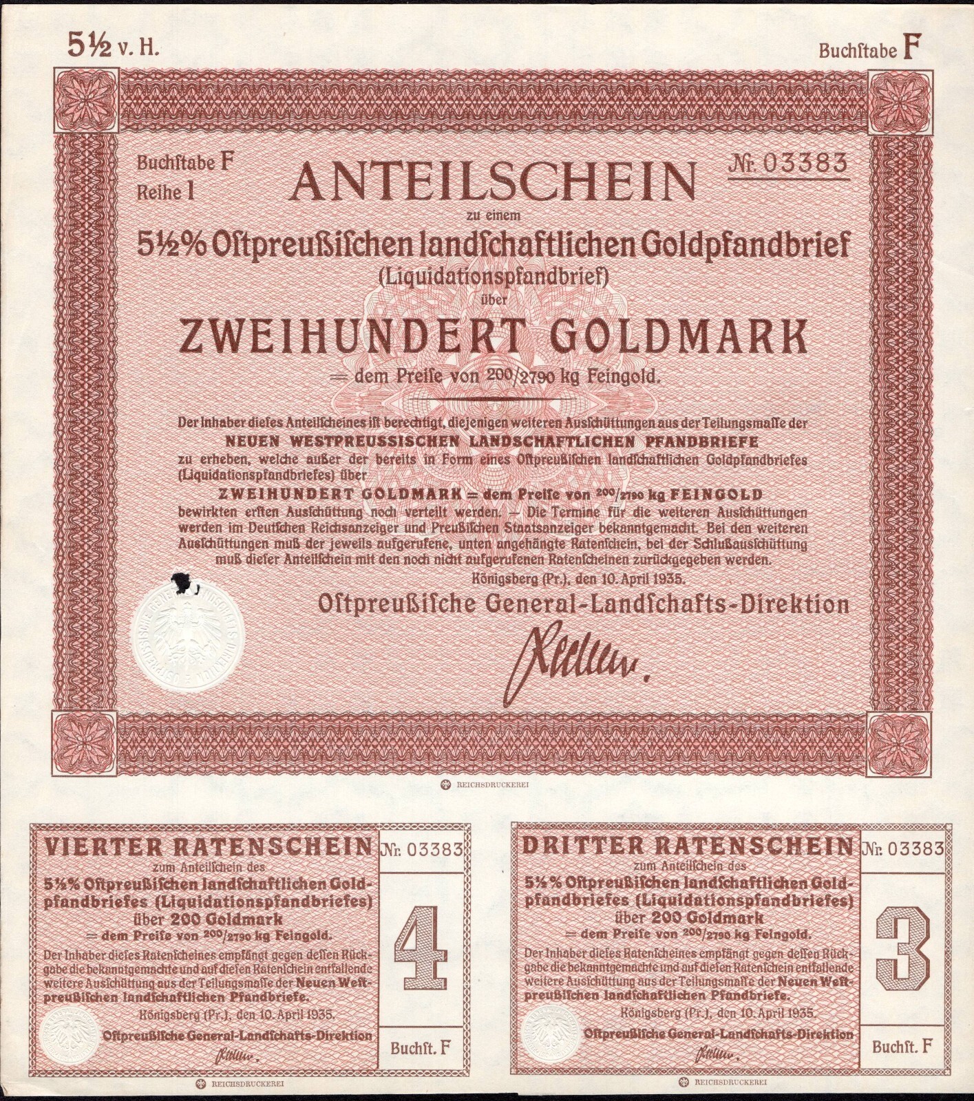 200 Goldmark 1935 - Königsberg  / Germany Loan Bond - Series: 03383 - "W48