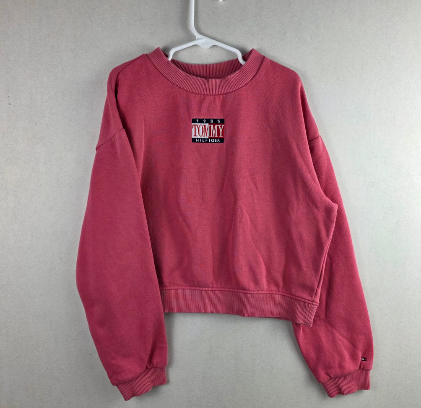 Tommy Hilfiger Girls M 8-10 Pink 1985 Fleece Logo Crewneck Sweatshirt Pullover