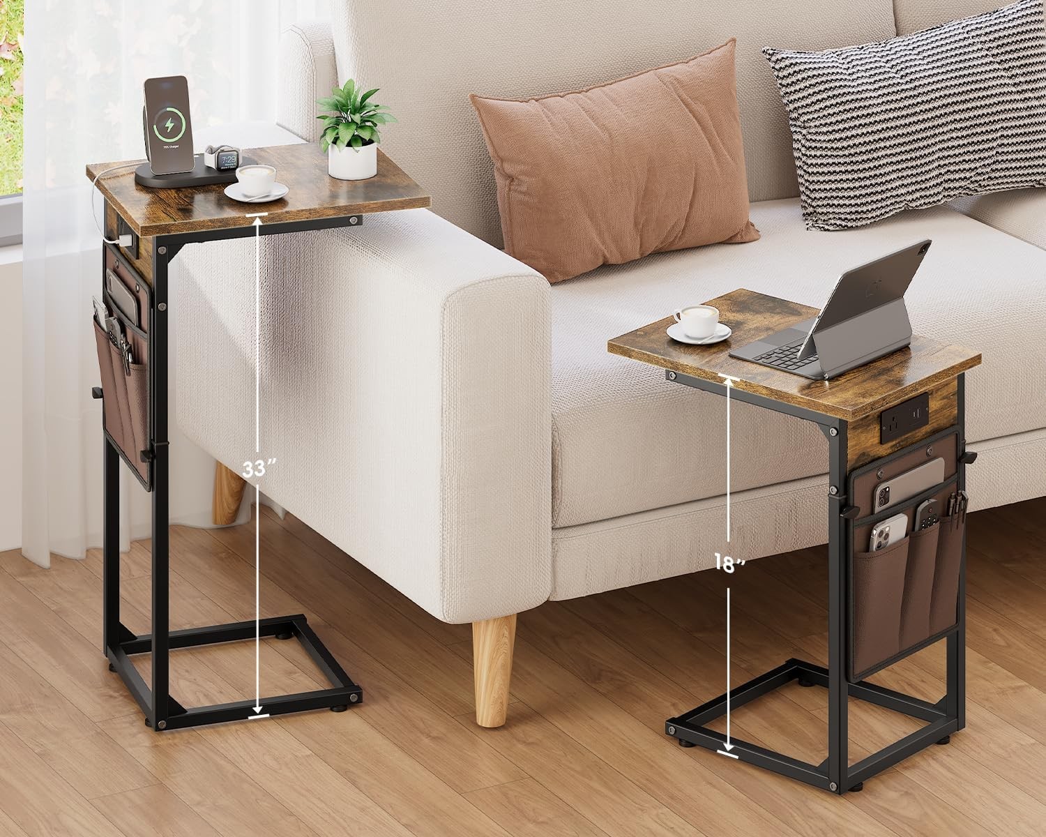 Vagusicc C Shaped End Table with Charging Station, Adjustable Rustic Brown