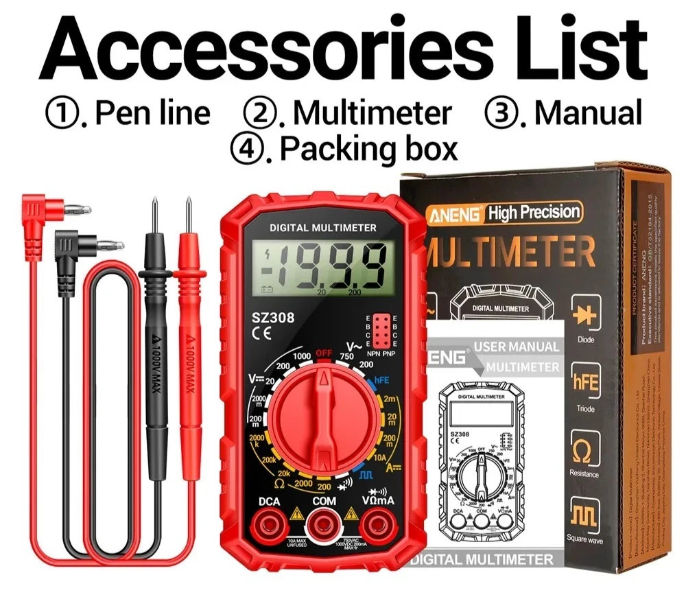 SZ308 Digital Multimeter Square Wave Test Voltage Resistance Meter AC/DC