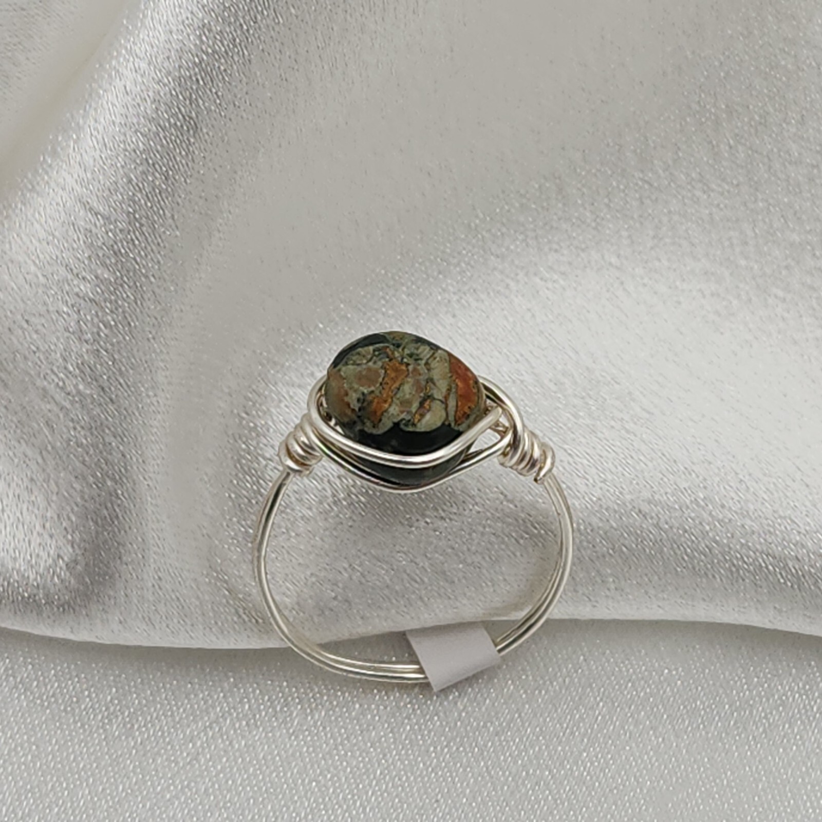 Wire Wrapped Moss Agate Stone Ring Size 8 - Rustic Handcrafted Minimal Jewelry