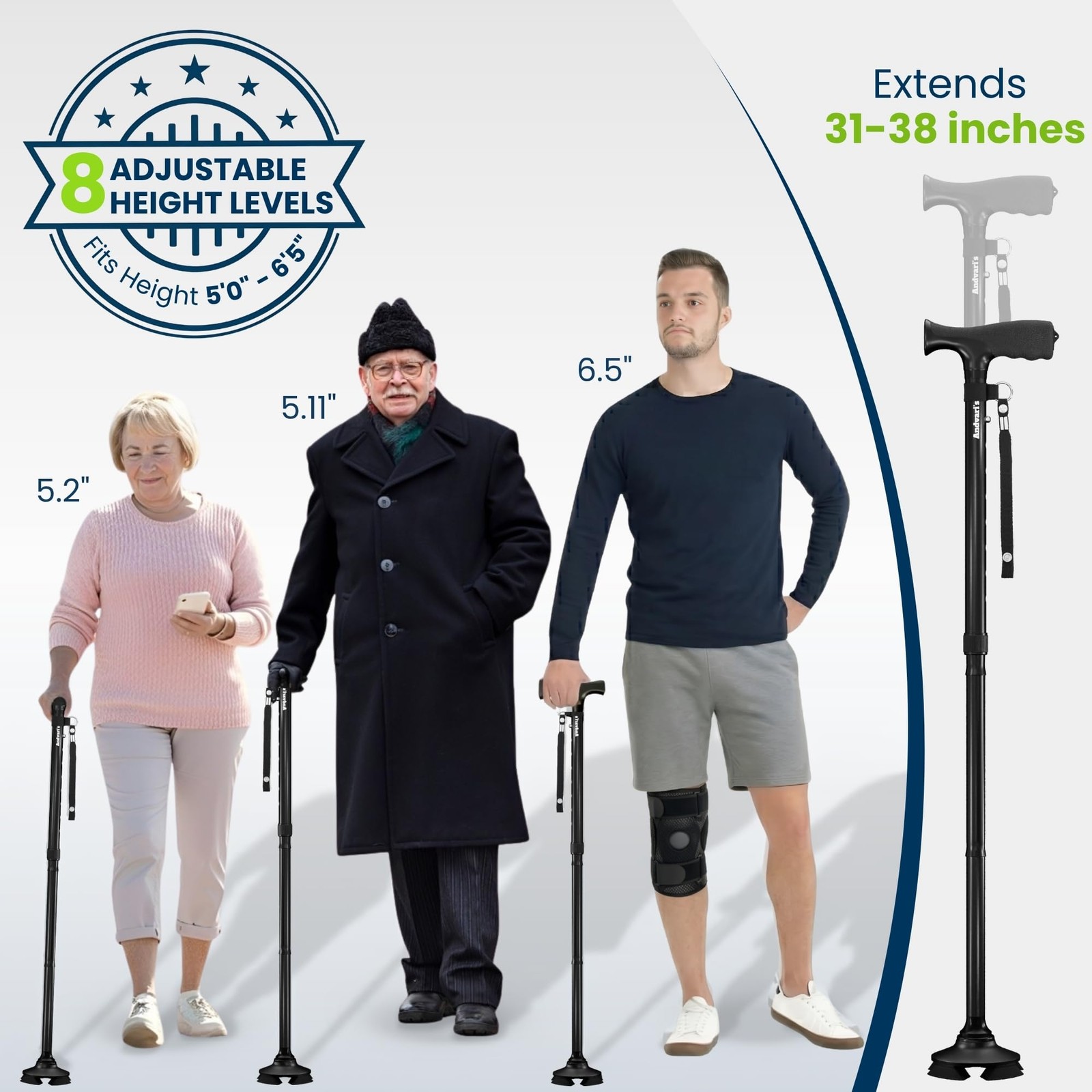 Andvari Walking Canes for Men, All Terrain, Universal and Adjustable, Black
