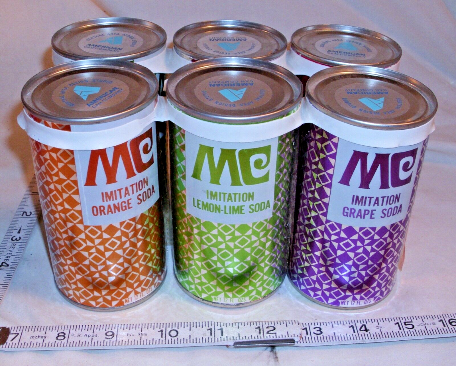 AMERICAN CAN CO MC SODA CANS SIX PACK SALES SAMPLE SET 1960s FOIL LABELS