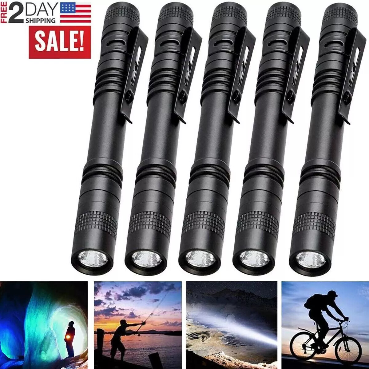 4× LED Flashlight w/ Clip Mini Light Penlight Pocket Portable Pen Torch Lamp USA