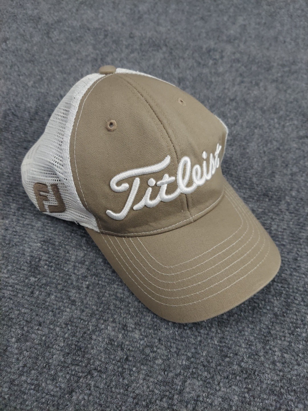 Titleist FJ Golf Hat Cap Strap Back Brown White Mesh Trucker Script Embroidery