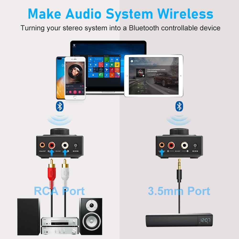 B06T3 Bluetooth 5.3 Receiver, 100ft RCA Bluetooth Audio Adapter for 3.5mm Jac...