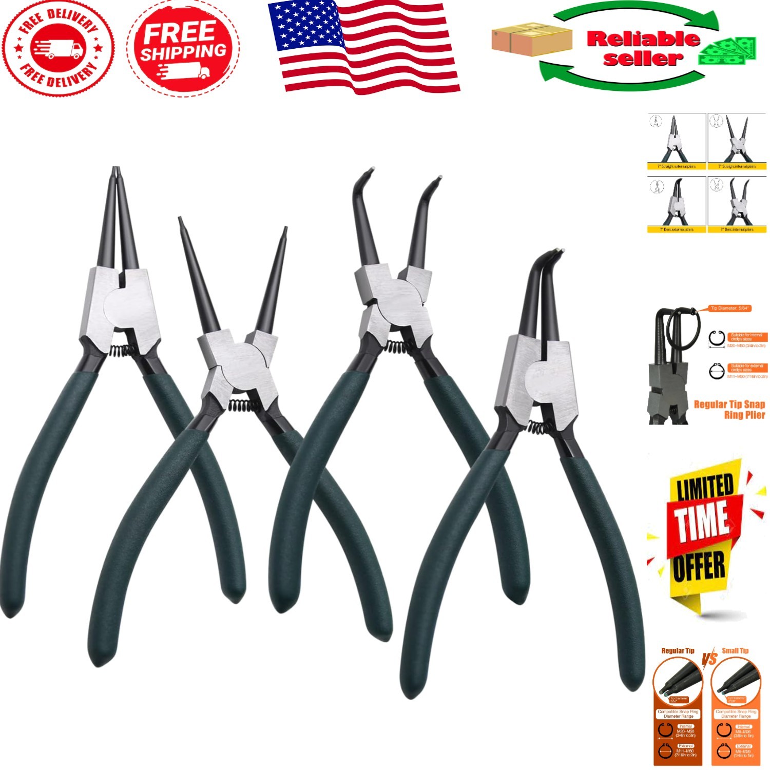 Professional 4-Piece Alloy Steel Snap Ring Pliers Set - Compact & Reliable