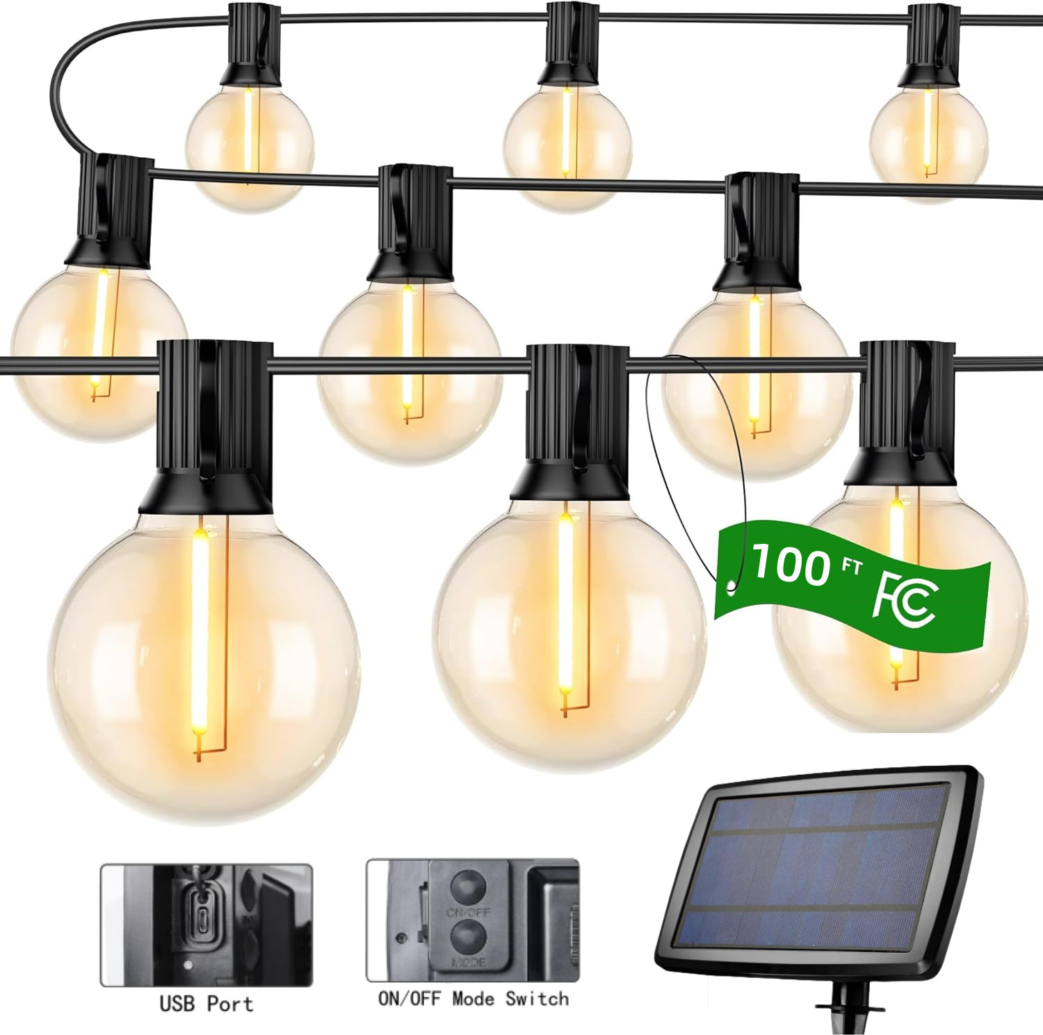 Solar String Lights - 100Ft LED Outdoor String Lights - Shatterproof, Waterproof