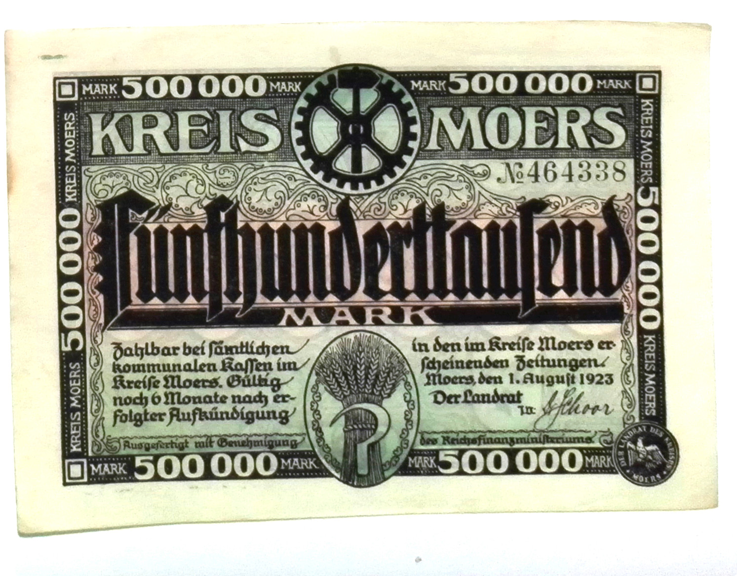1923 Germany MOERS 500.000 Mark Banknote