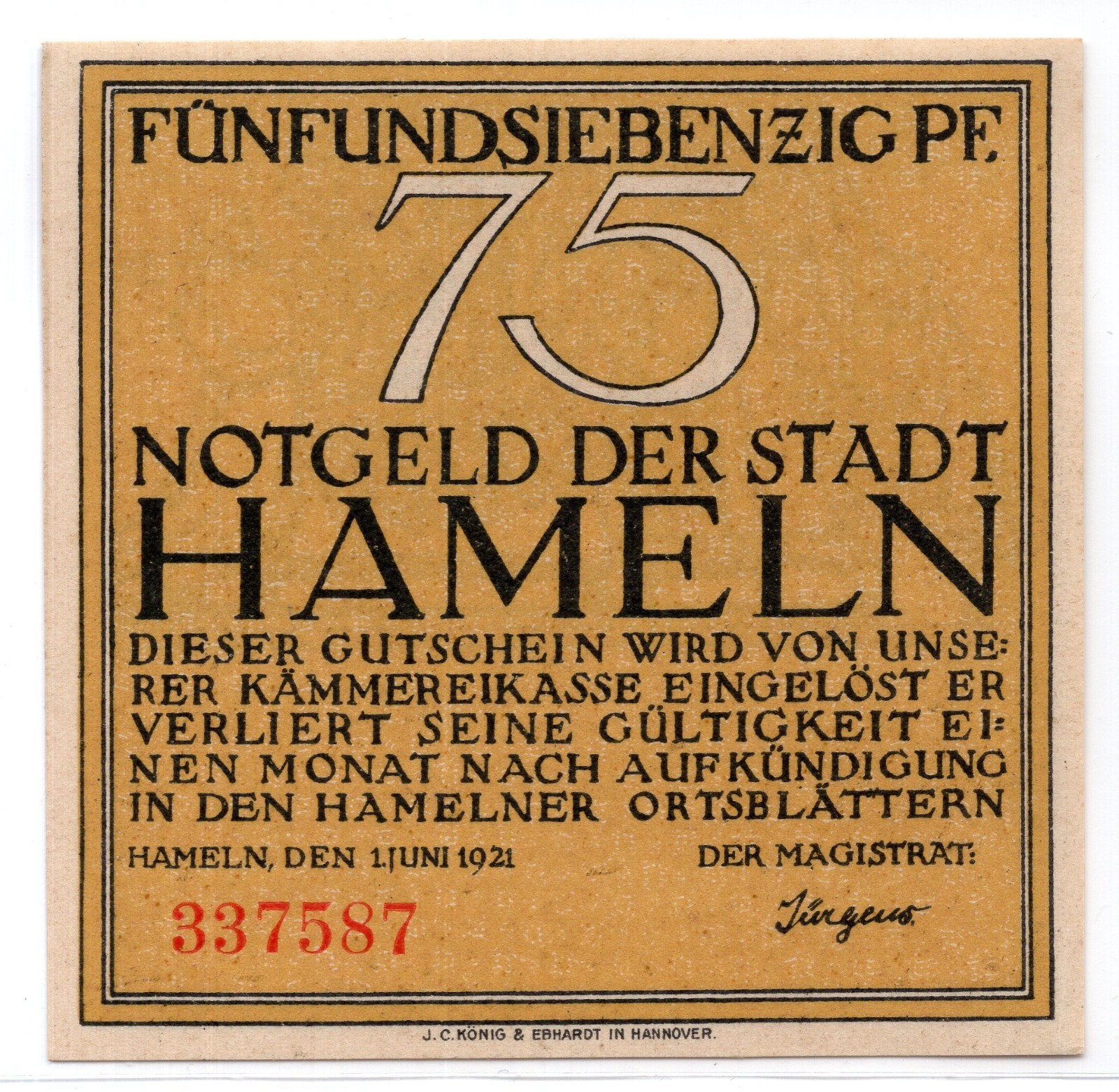 1921 Germany Hameln Notgeld 75 Pfennig Note (3911)