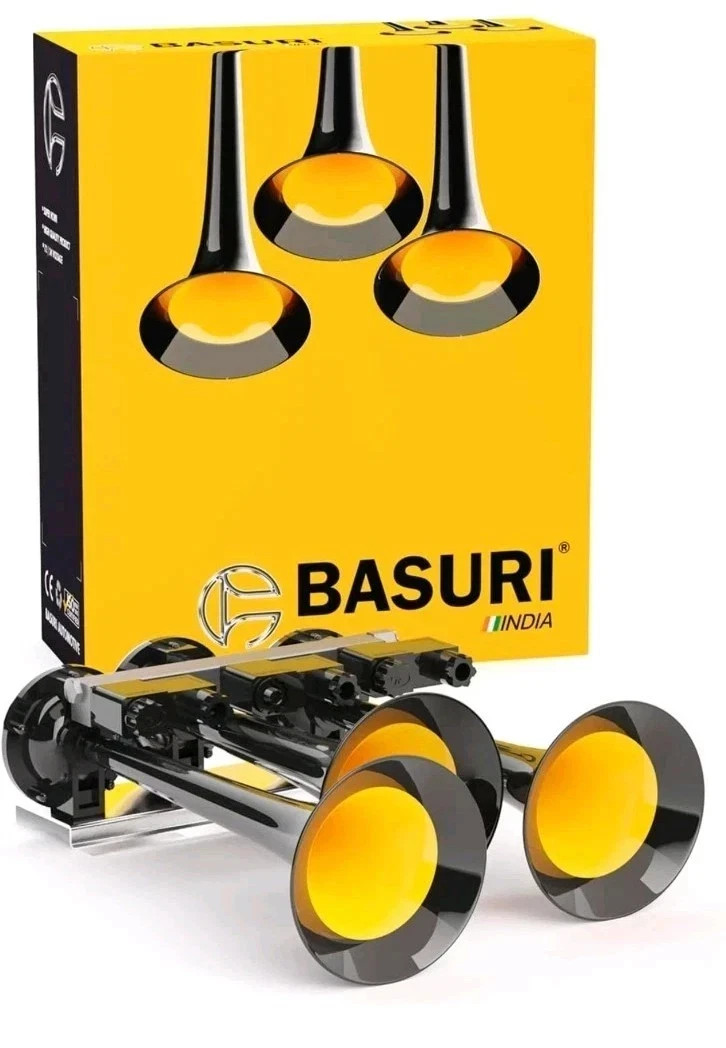 BASURI (India)Air Horn 12v & 24v. 16 Loud Melodies 3 Pipe For Truck Bus Lorry