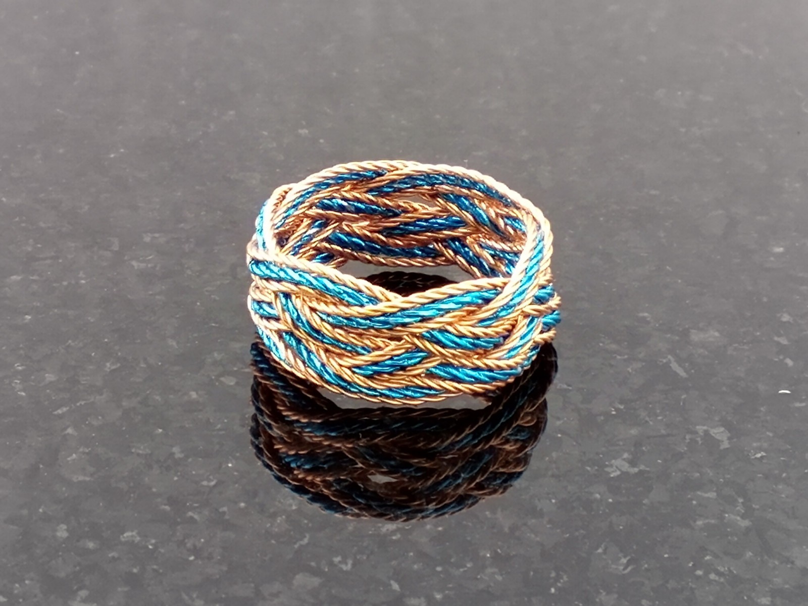 Size 5.5 Copper Twist / Light Blue Artistic Twist Turks Head Knot Ring Hand Tied