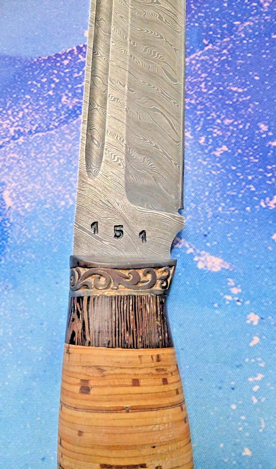 Handmade Voykar HT Damascus Birch Bark Olamic Fixed Blade Knife
