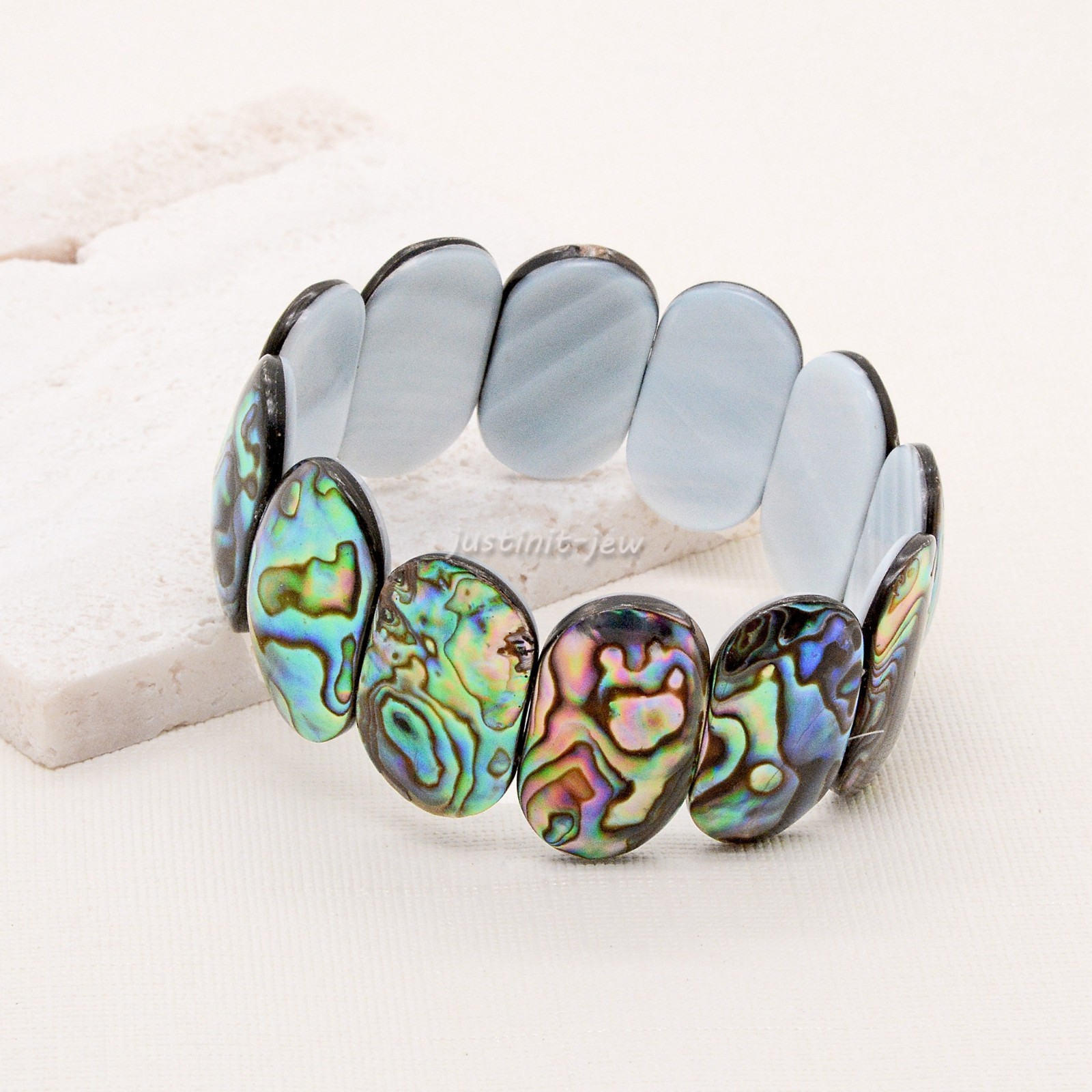 Abalone Shell Oval Stretch Bangle Bracelet Ocean-Inspired Jewelry Gift 7 inch