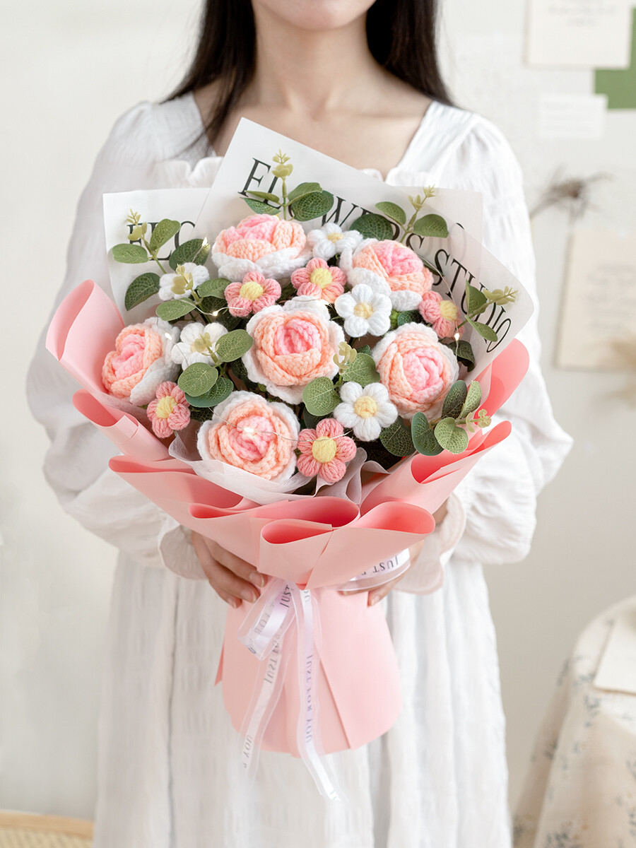 9 Pieces Crochet Flower Finished Knitted Flower Handmade Bouquet for Girlfriend