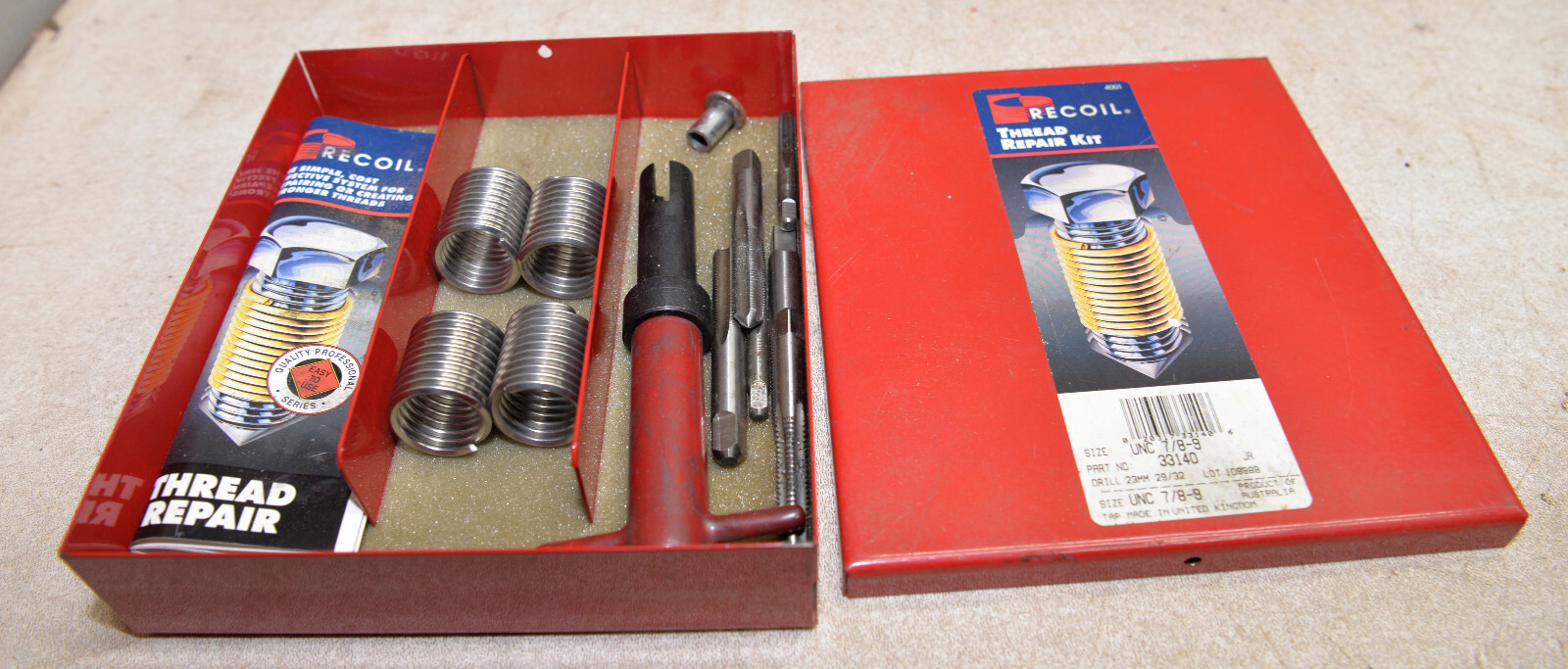Recoil 33140 thread repair kit 7/8 - 9 mechanics vintage auto engine tool lot