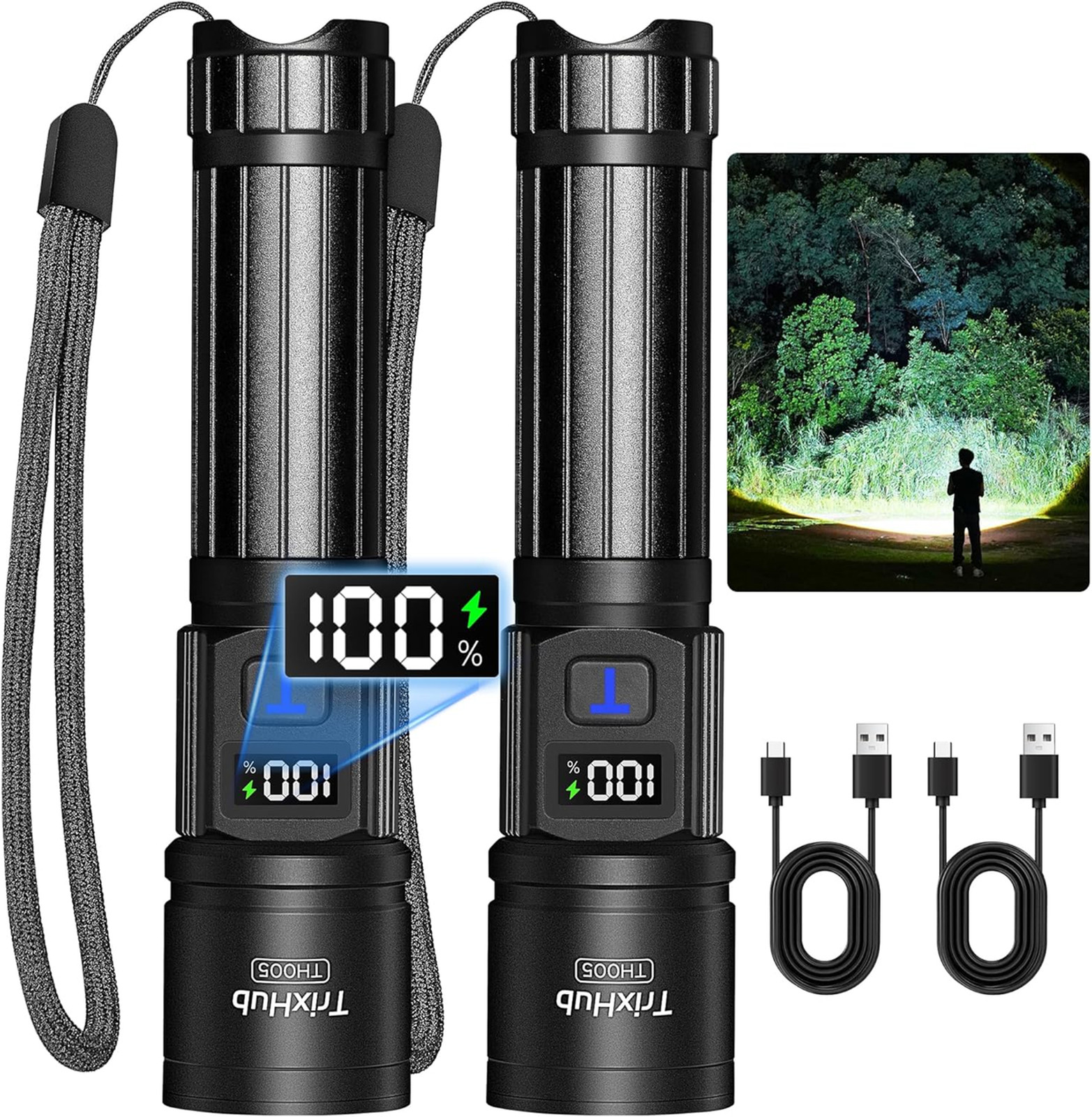 Rechargeable Flashlight 2 Pack, High Lumens LED, 5 Modes Zoomable with LCD