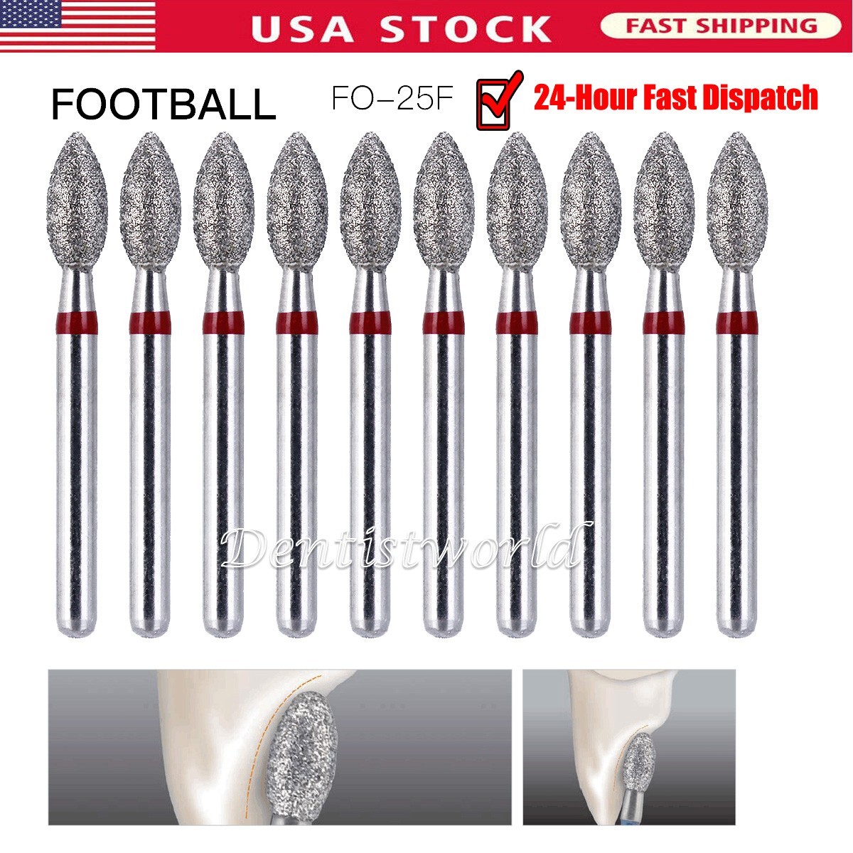 10Pc Dental Diamond Burs Football #379-023F Fine Red for Hight Speed Handpiece