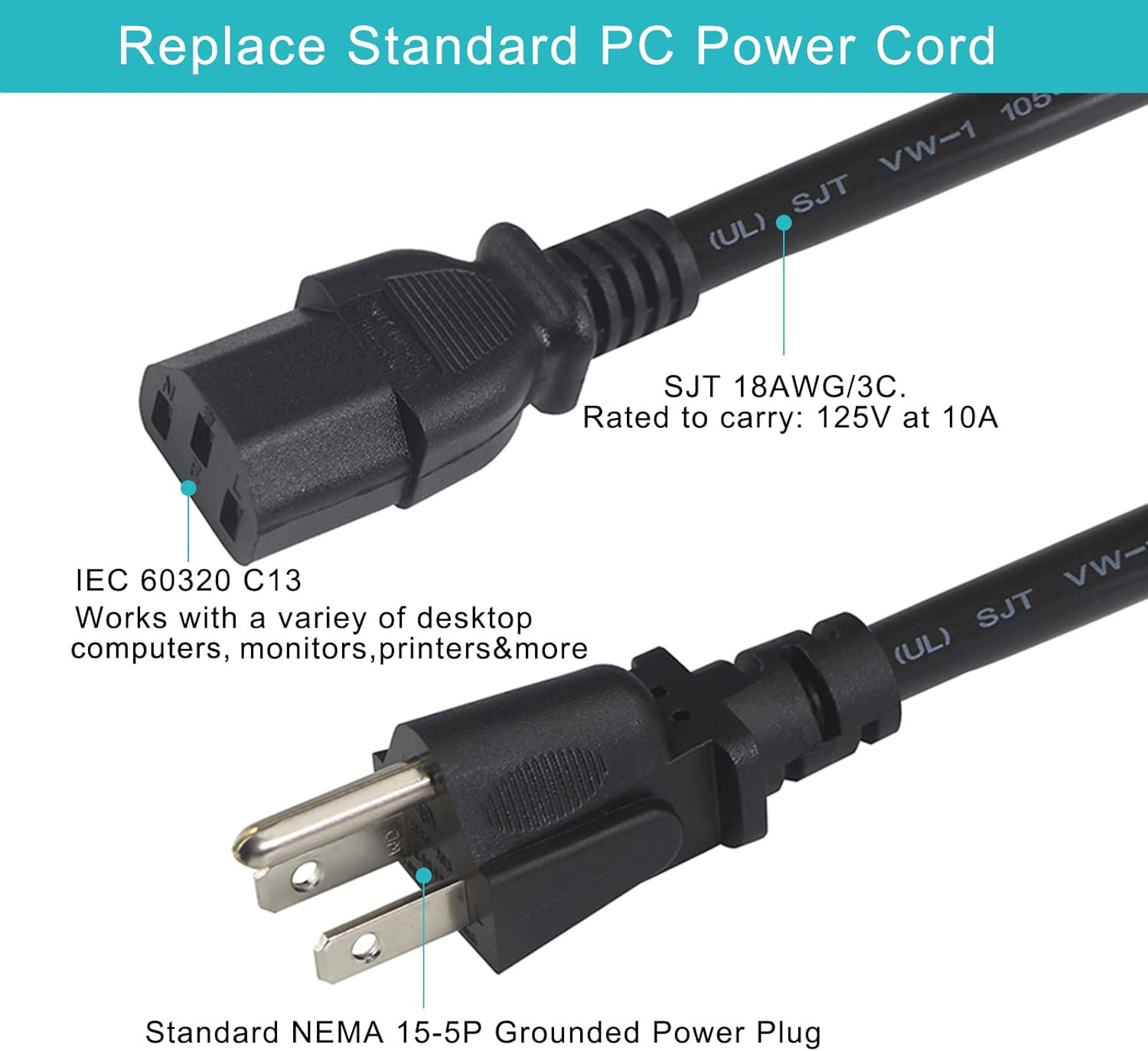 12FT Computer Monitor Replacement Power Cord -Black Long Standard 12FT, Black