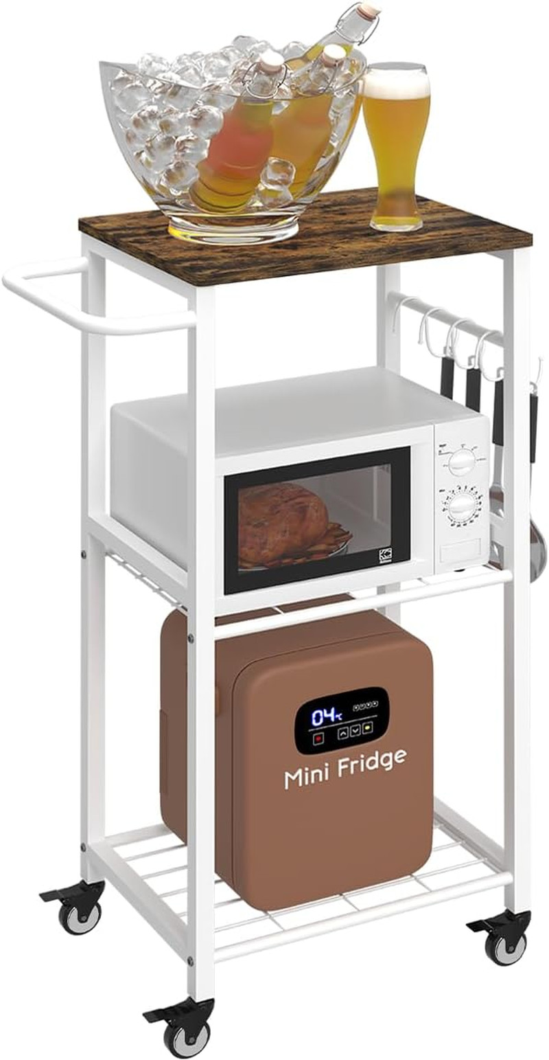 3-Tier Rolling Kitchen Microwave Stand Cart with Storage and 8 Hooks, White