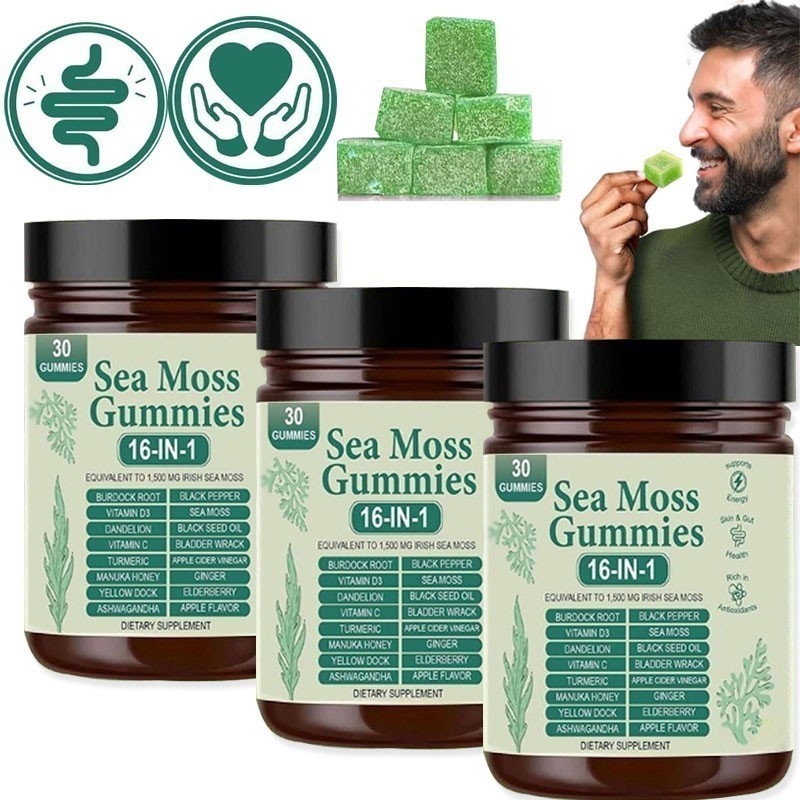 3PCS 16 in 1 Organic Sea Moss Gummy Irishmoss Extract 6000Mg  Apple Flavor US