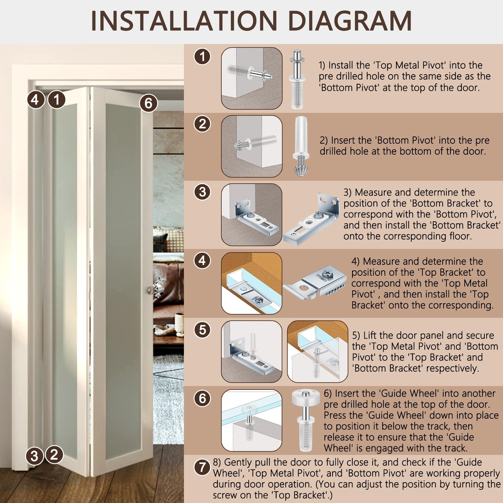 Bifold Closet Door Hardware Kit with Top/Bottom Bracket, Guide Wheel & Pivot...