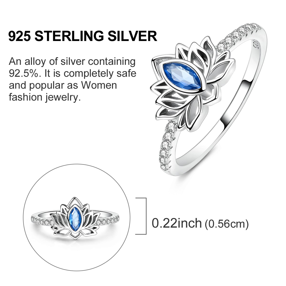 MULA European 925 Sterling Silver Finger Ring Sparkling Blue Lotus Women Jewelry