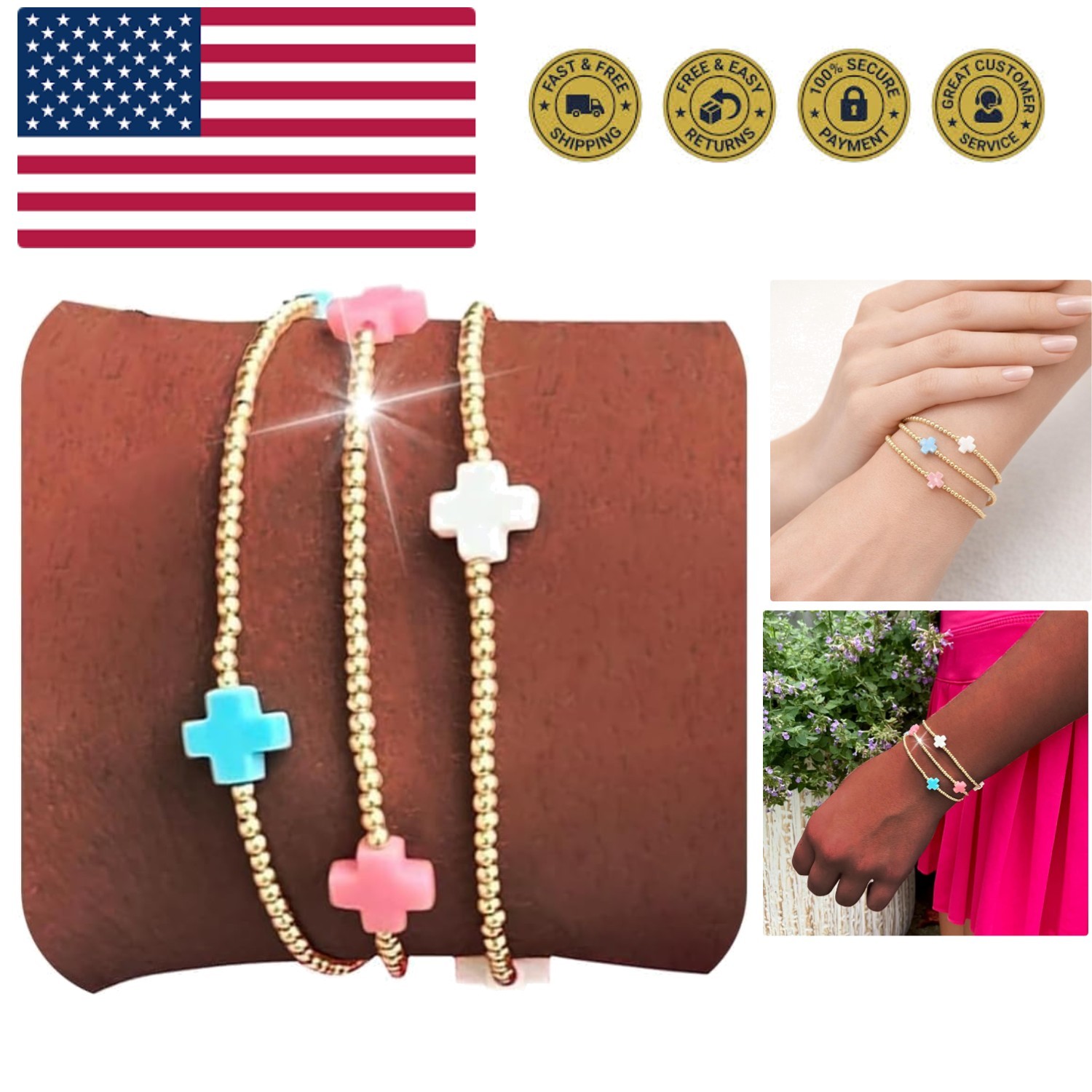 Gold Bracelets for Women Stack Non Tarnish Cross Pearl Stretch Beaded Bracele...