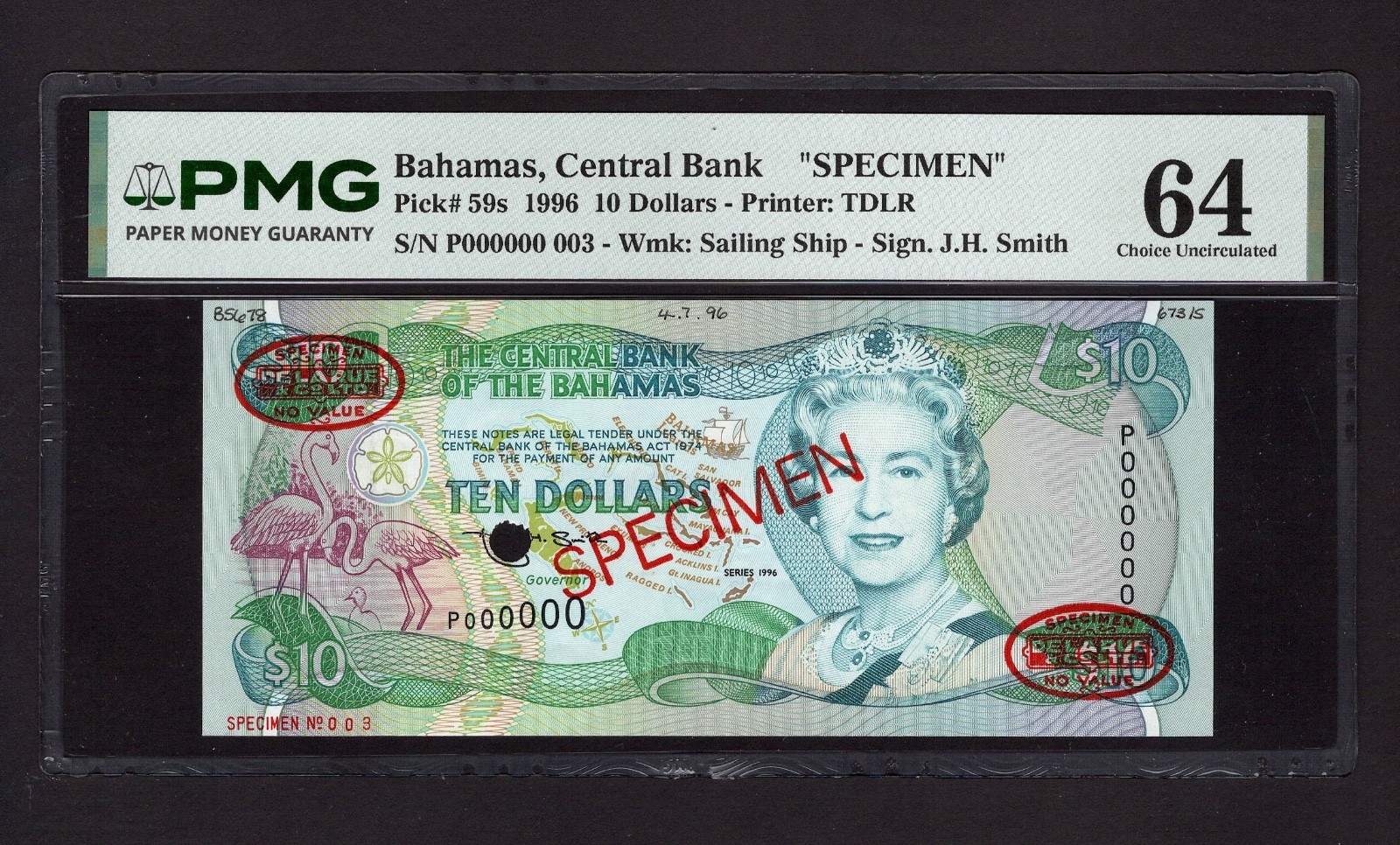 Bahamas 10 Dollars 1996 P59s "Specimen N003" Uncirculated Grade 64